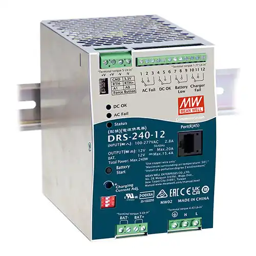DRS-240-12 - 12Vdc 20A +12Vdc 15.4A 12V DIN Rail Power Supply Battery Charger Output UPS Function Popular