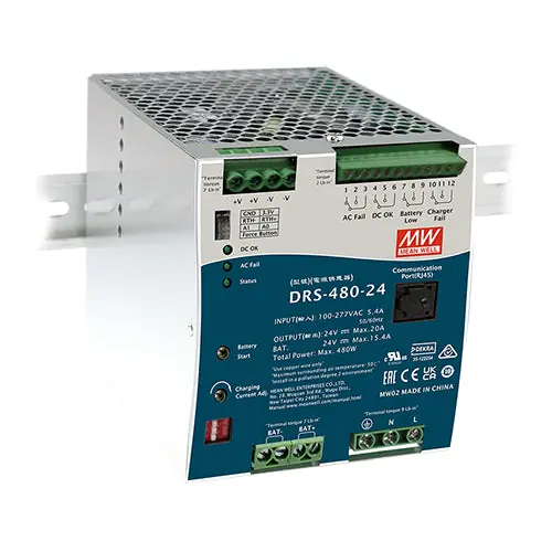 DRS-480-24 - 24Vdc 20A +24Vdc 15.4A 24V DIN Rail Power Supply Battery Charger Output UPS Function Professional Grade