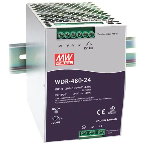 Premium WDR-480-24 - 24Vdc 20A/DIN Rail Power Supply/Wide AC Input Range: 180~550Vac/480 Watts