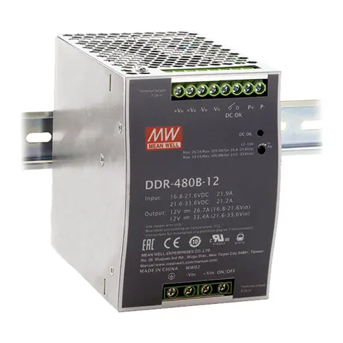 DDR-480B-12 - 12Vdc 33.4A DIN Rail DC/DC Converter 12V33.4A Crafted
