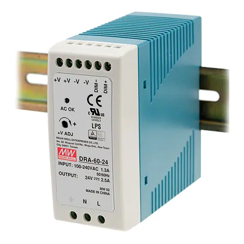 Limited Time DRA-60-24 - 24Vdc 2.5A/24V Din Rail Power Supply Operates: CV or CC Dimmable
