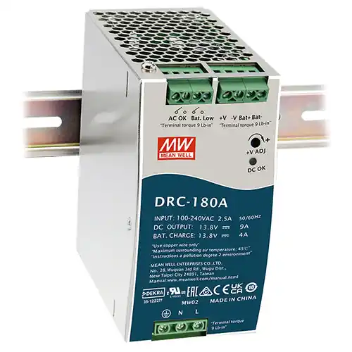 DRC-180A - 13.8Vdc 9A +13.8Vdc 4A/13.8V DIN Rail Power Supply Battery Charger Output UPS Function Fan Favorite