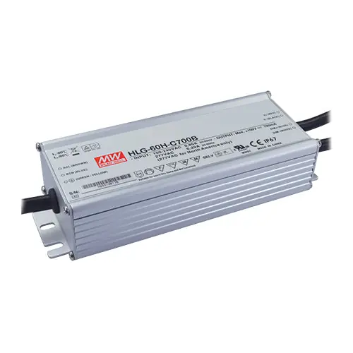 Place Order HLG-60H-C700B - I/P 90~305Vac O/P 100V 700m A 700m A Dimmable LED Driver IP67/PFC/Metal Case High Output Voltage Range