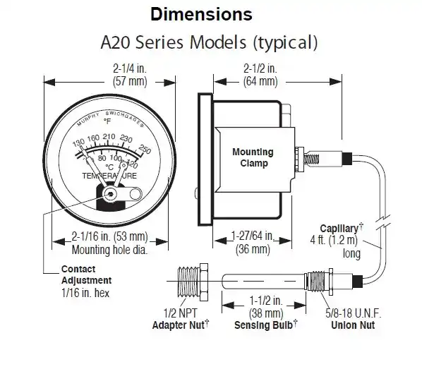 Certified Murphy 32-160F Mechanical Temperature Swichgage 2 in. with 30 Ft Capillary and Snap-Acting Switch - Oil Sealed - A20TE-OS-160-30-1/2