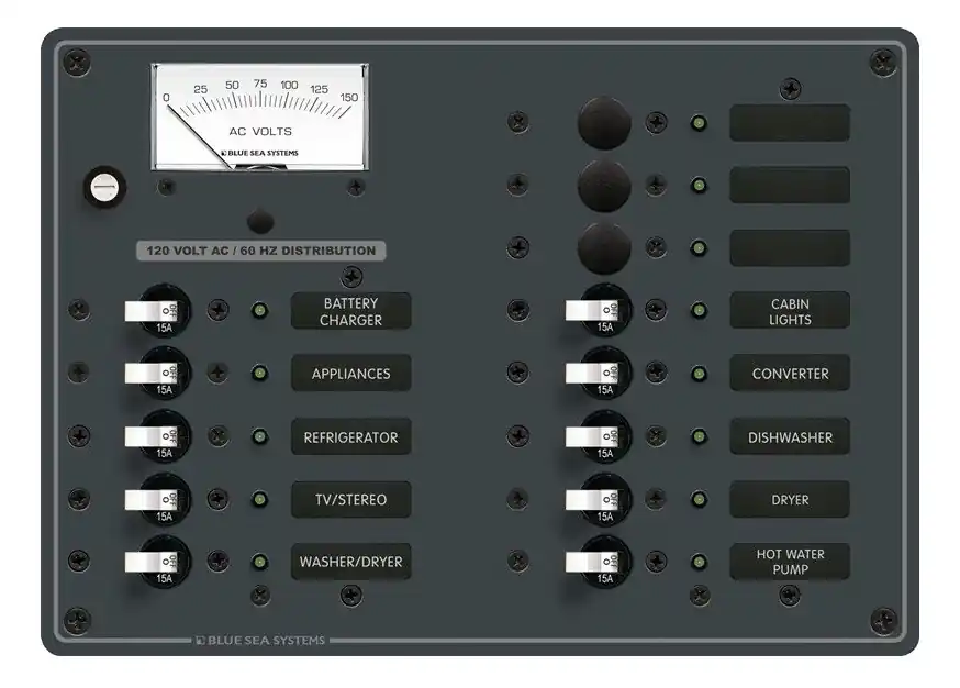 No Minimum Order Blue Sea Systems AC 13 Position Power Distribution Panel 120V AC with AC Voltmeter - 8479