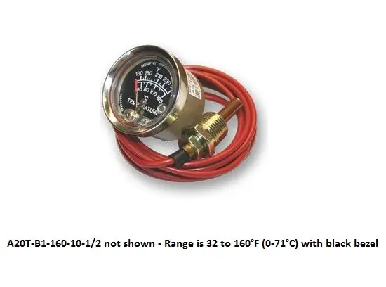 Murphy 32-160F Temperature Swichgage 2 in. with 10 Ft Capillary, Black Bezel and Polycarbonate Case - A20T-B1-160-10-1/2 No Minimum Order