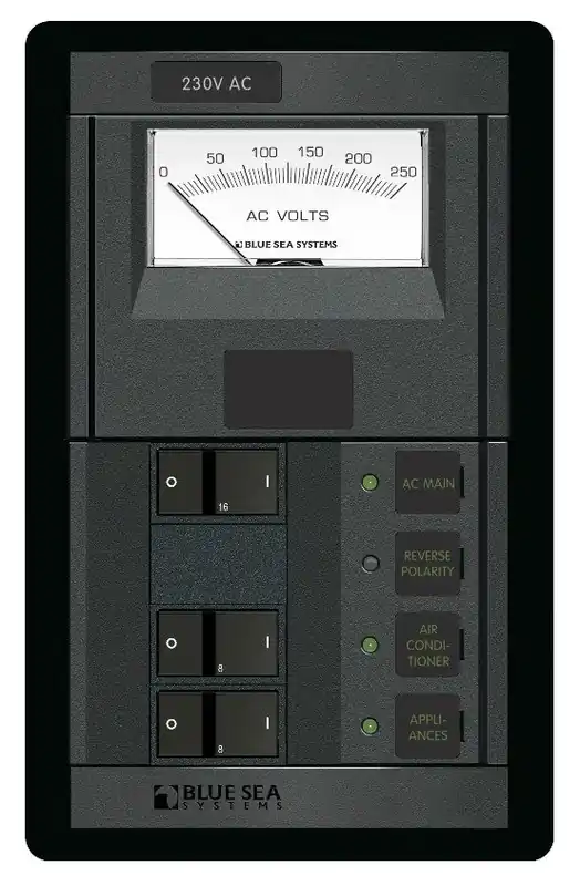 Direct From Manufacturer Blue Sea Systems Power Distribution Panel 230 Volt AC Main with 2 Positions and Voltmeter - 1207