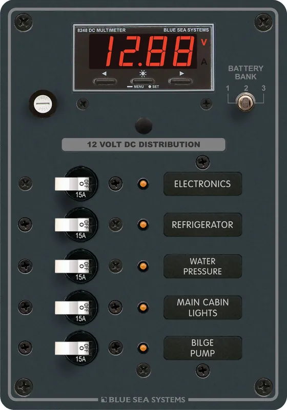 Best Price Blue Sea Systems Traditional Metal DC Panel 12/24V DC with 5 Positions and Digital Multi-Function Meter - 8401