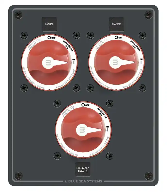 Shop Now Blue Sea Systems Traditional Metal Dual Bank Battery Management Panel 48V DC with 3 m-Series Mini On-Off Battery Switch with Knob - 8280