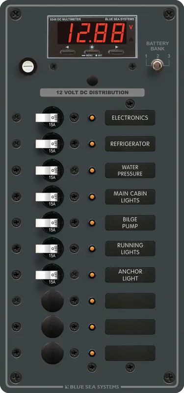 Fan Favorite Blue Sea Systems Traditional Metal DC Panel 12/24V DC with 10 Positions and Digital Multi-Function Meter - 8402