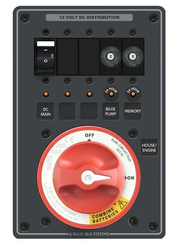 Blue Sea Systems Dual Battery Bank Management Panel 12/24V DC with 1 e-Series Dual Circuit Plus Battery Switch - 8690 Final Sale