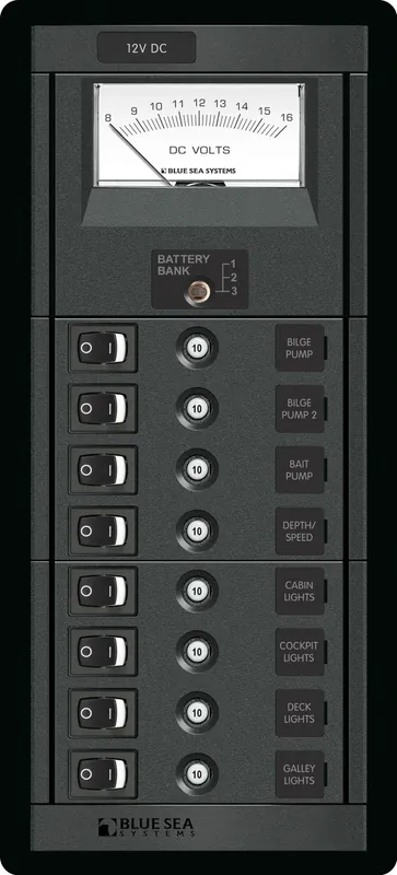Reduced Price Blue Sea Systems DC Push Button Reset-Only Circuit Breakers and Rocker Switch Panel 12V DC with 8 Positions and Analog Voltmeter - 1463