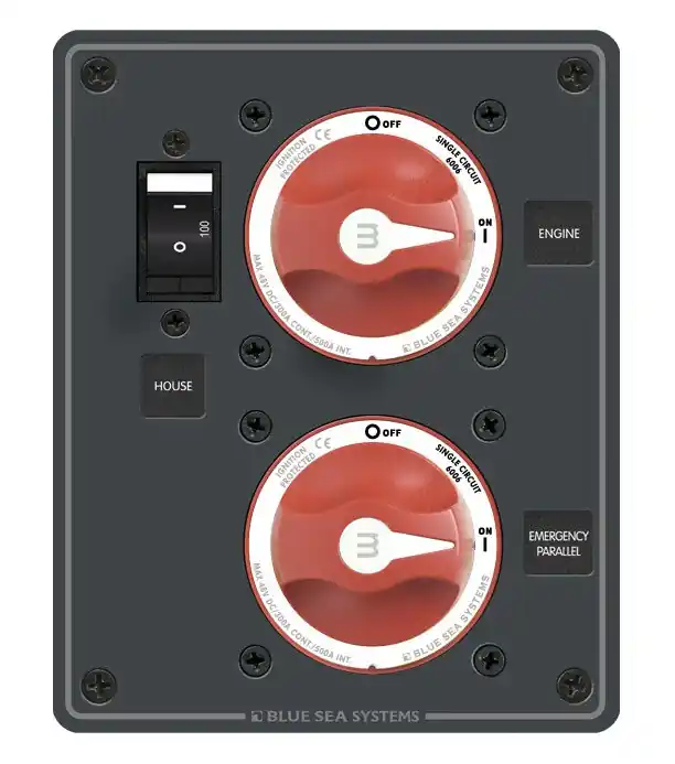 Exclusive Blue Sea Systems Dual Battery Bank Management Panel 32V DC with 2 m-Series Mini On-Off Battery Switch with Knob - 8080