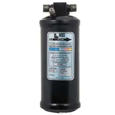 MEI Steel Receiver Drier 3 in. Diameter x 8 in. Length with 3/8 in. No. 6 MIO Inlet/Outlet and Side Fuse Plug - Top Glass - 7161 While Supplies Last