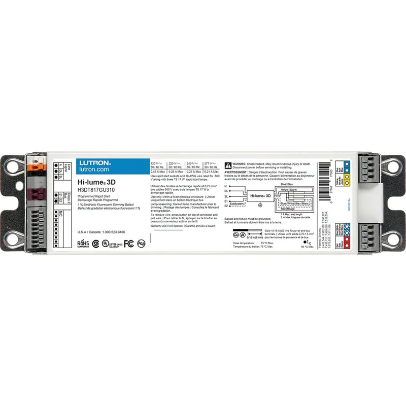 Secure Checkout Lutron H3D-T817-G-U-3-10 (3) 17-Watt Linear and U-Bent T8 Lamp High Frequency Fluorescent Ballast 120/240/277-Volt AC Hi-lume 3D