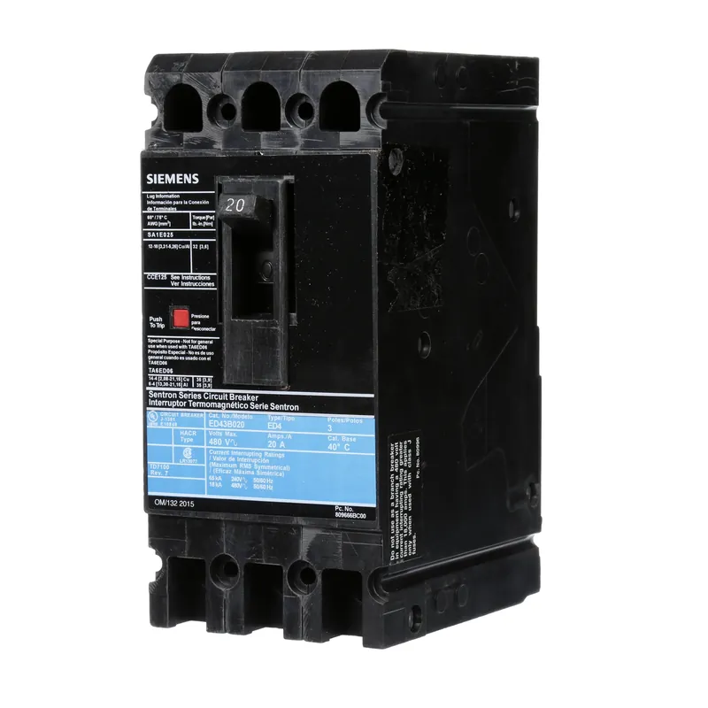 Siemens ED43B020 Bolt-On Mount Type ED4 Molded Case Circuit Breaker 3-Pole 20-Amp 480-Volt AC Sentron Trending