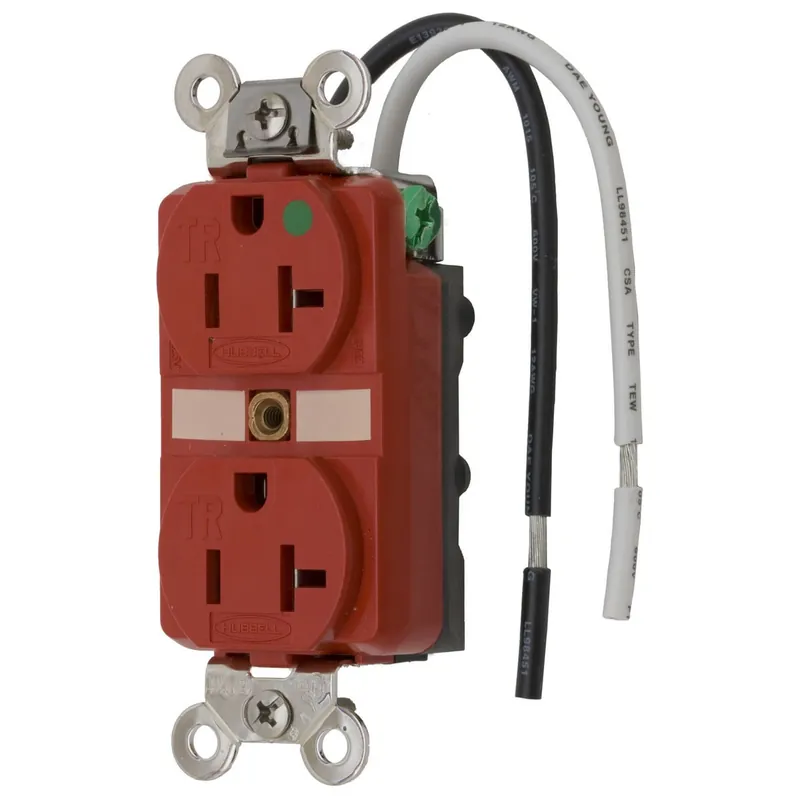Hubbell-Wiring HBL8300SGRA Hospital Grade Extra Heavy-Duty Straight Blade Duplex Receptacle With Wire Leads 20-Amp 125-Volt NEMA 5-20R Red Grab Now