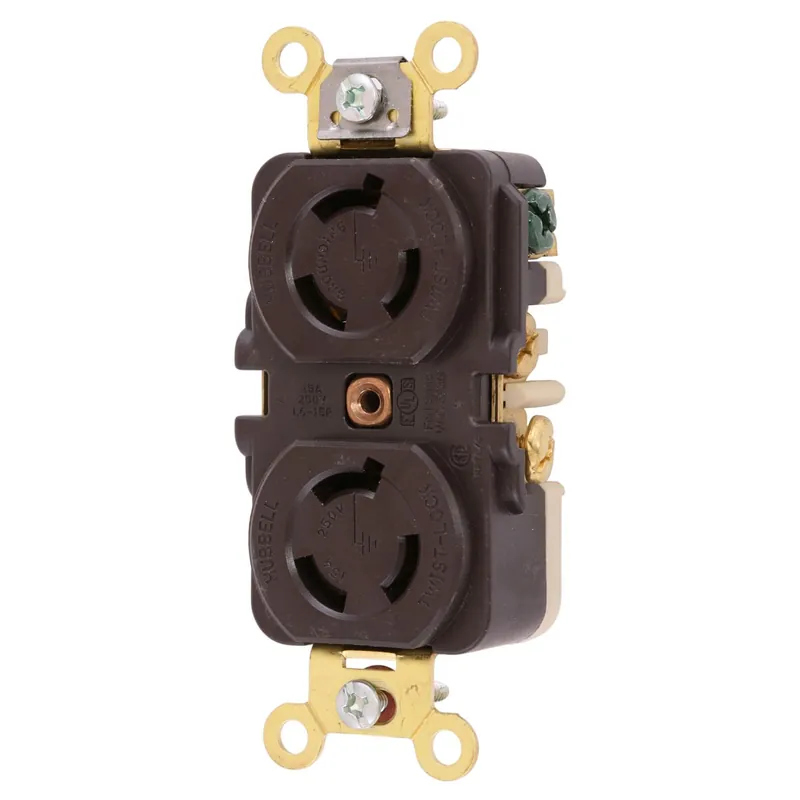 Order Now Hubbell-Wiring HBL4550 3-Wire 2-Pole Industrial Grade Locking Duplex Receptacle 250-Volt AC 15-Amp NEMA L6-15R Brown Twist-Lock®