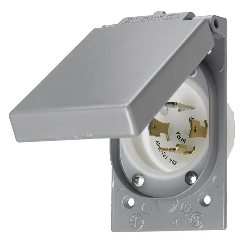 Hubbell-Wiring HBL2715M3 4-Wire 3-Pole Polarized Weather Protective Locking Flanged Inlet 125/250-Volt AC 30-Amp Gray Insulgrip® Twist-Lock® Handmade