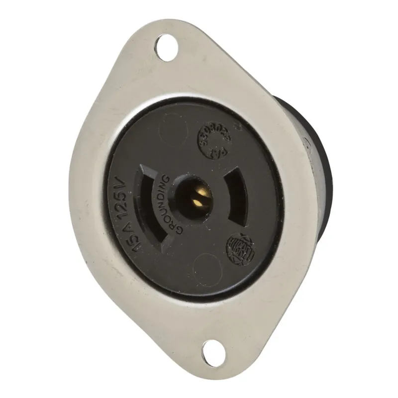 Premium Hubbell-Wiring HBL7596 3-Wire 2-Pole Midget Flanged Receptacle 125-Volt 15-Amp Black/Stainless Twist-Lock®