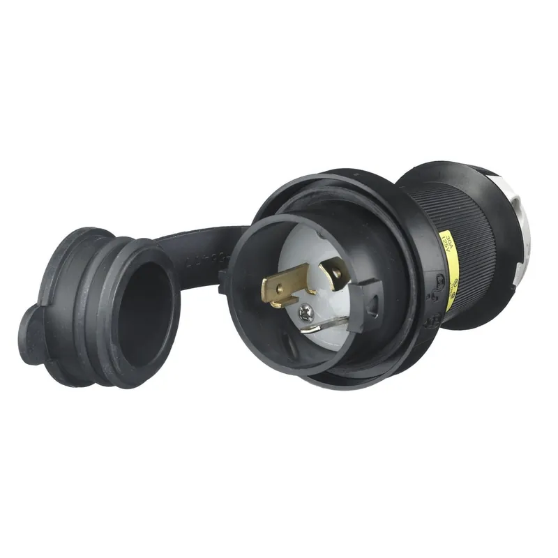 Latest Hubbell-Wiring HBL2611SW 3-Wire 2-Pole Watertight Plug 125-Volt AC 30-Amp NEMA L5-30P Black/White Safety-Shroud® Twist-Lock®