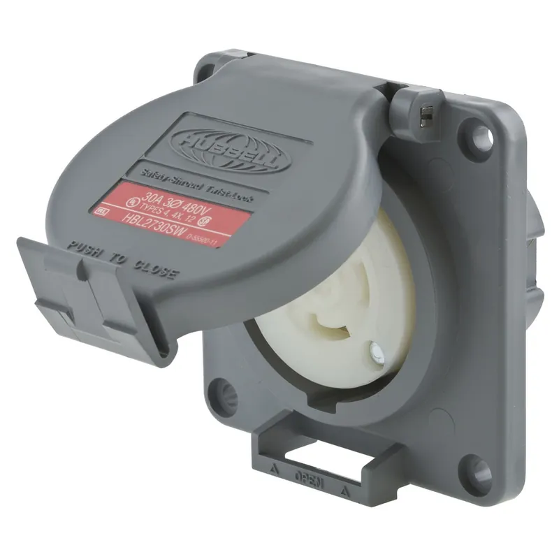 Hubbell-Wiring HBL2730SW Watertight 3-Phase Locking Receptacle 3-Pole 4-Wire 480-Volt AC 30-Amp Gray Twist-Lock® Safety-Shroud® Express Delivery