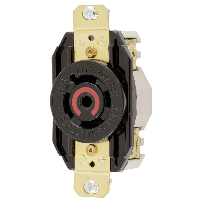 Crafted Hubbell-Wiring HBL2520 Screw Mount 5-Wire 4-Pole Single Locking Receptacle Industrial Grade 20-Amp 277/480-Volt AC Black Twist-Lock®