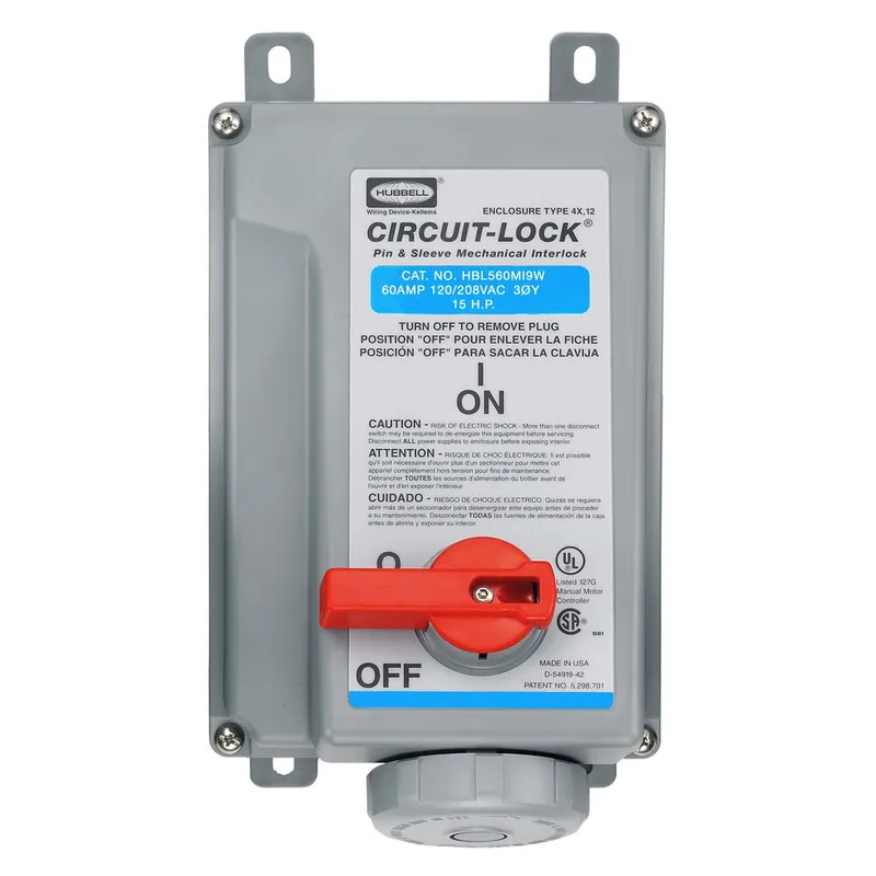 Hubbell-Wiring HBL560MI9W 5-Wire 4-Pole Watertight Unfused Pin And Sleeve Mechanical Interlock Device 120/208-Volt AC 60-Amp 3-Phase Blue Circuit-L High Quality