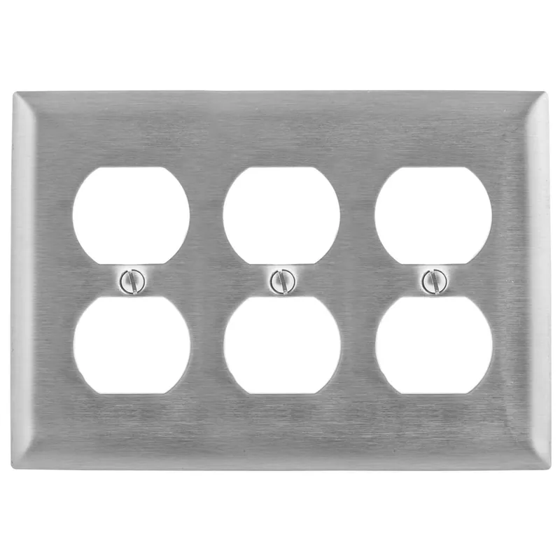 Hubbell-Wiring SS83 302/304 Stainless Steel Slotted Head Screw Mount 3-Gang Standard Size Wallplate (3) Duplex Receptacle Silver Kellems® Fresh Stock