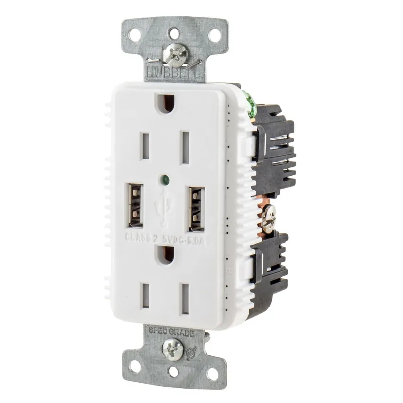 Flash Sale Hubbell-Wiring USB15A5W 3-Wire 2-Pole Heavy-Duty Tamper-Resistant Line Decorator Straight Blade Receptacle With USB Charger 15-Amp Receptacle 5-Amp